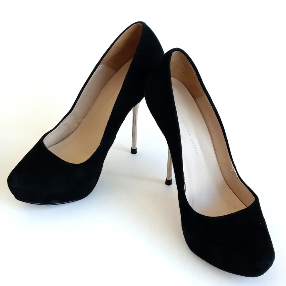 Zara Women’s Elegant Black Leather Suede Steel Chrome 5” Platform Heels 38 (7.5)
